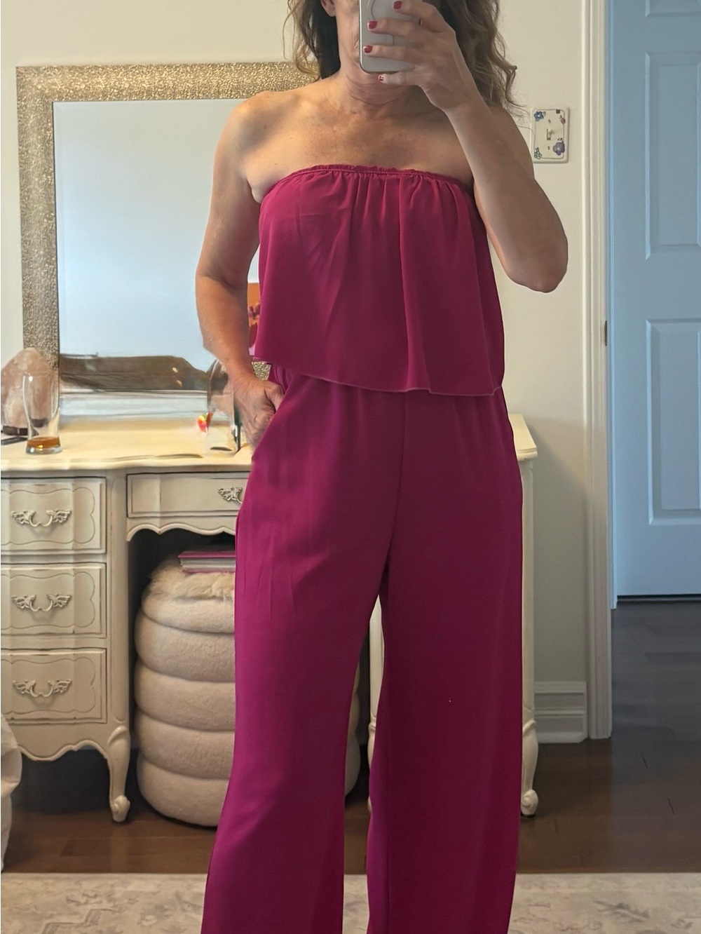 Strapless Ruffle Jumpsuit in Fuchsia